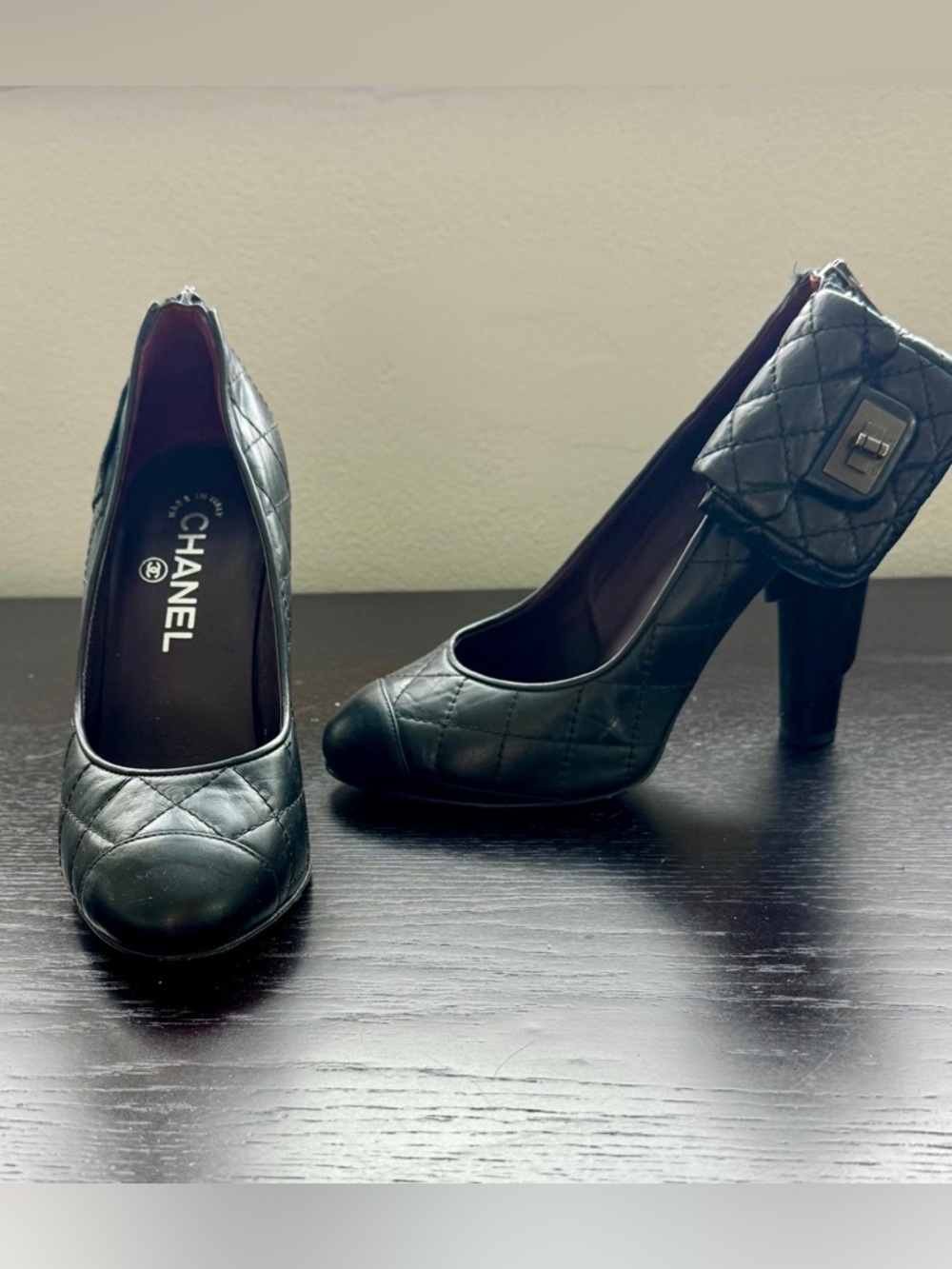 AUTHENTIC CHANEL Black Quilted Leather Round-Toe Pump - Women's Heels